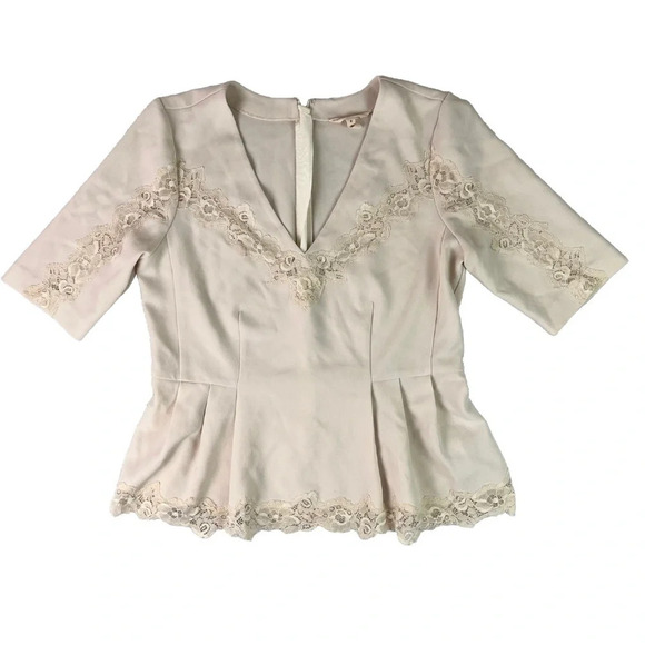 Rebecca Taylor Crepe Lace Inset Top Size 8 Beige Pleated 3/4 Sleeve V Neck - Picture 2 of 13